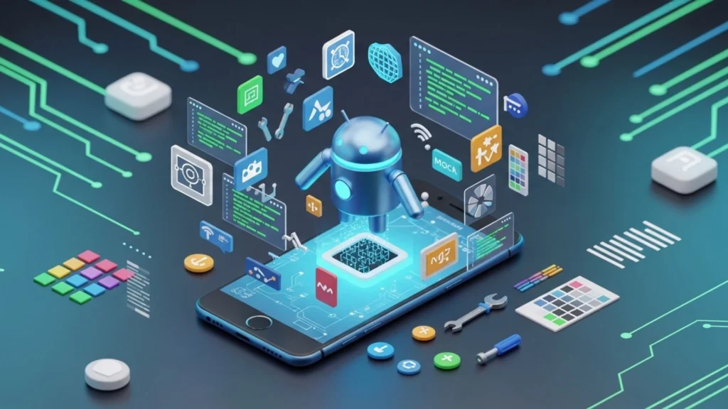 3D Android robot emerging from smartphone representing Android app development