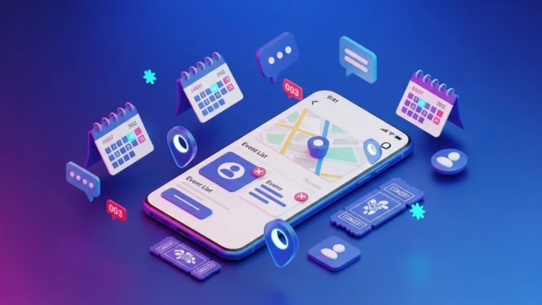 3D illustration of smartphone with event app interface, tickets, and calendar elements